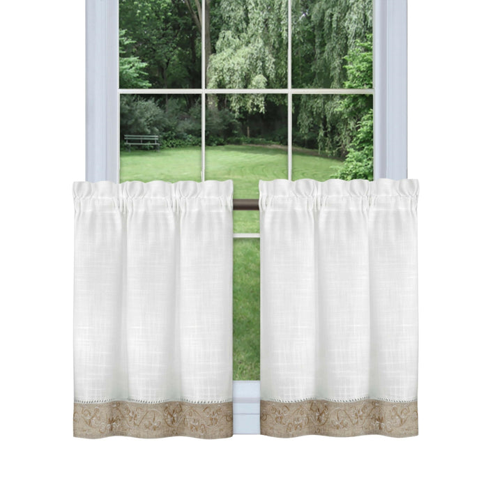 Window Curtain Tier Pair - Oakwood Style, Natural Linen Look with Monochromatic Floral Embroidery, Economically Priced for Low-Maintenance Home Decor - 58x24