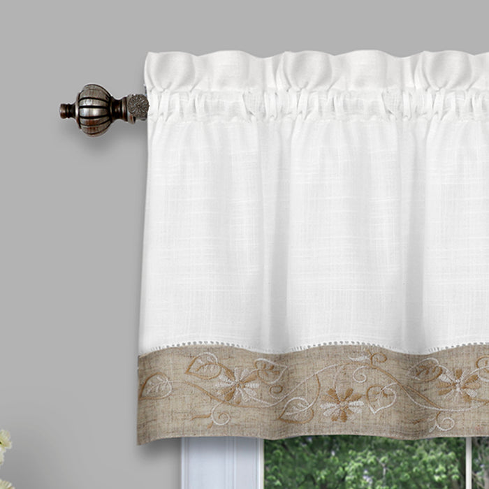 Window Curtain Tier Pair - Oakwood Style, Natural Linen Look with Monochromatic Floral Embroidery, Economically Priced for Low-Maintenance Home Decor - 58x24