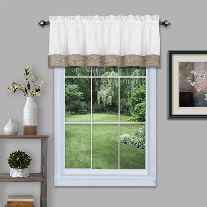 Window Curtain Tier Pair - Oakwood Style, Natural Linen Look with Monochromatic Floral Embroidery, Economically Priced for Low-Maintenance Home Decor - 58x24