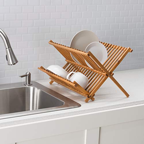 Wooden 2 Tier Folding Dish Drying Rack - Collapsible Dish Drainer