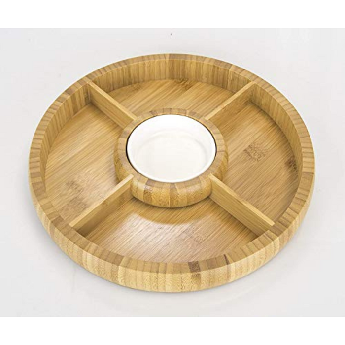 Bamboo Natural Chip and Dip Divided Bowl/Serving Platter with Ceramic Center Bowl/Dip Cup