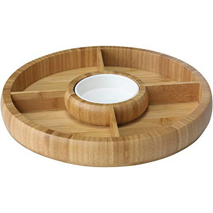 Bamboo Natural Chip and Dip Divided Bowl/Serving Platter with Ceramic Center Bowl/Dip Cup
