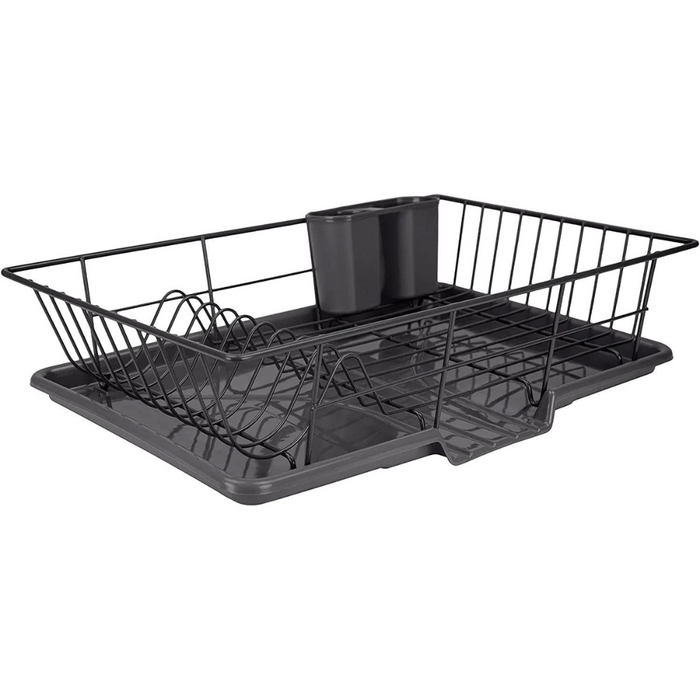 JOEY'Z Heavy Duty Sturdy Hard Plastic Sink Set with Dish Rack with Attached  Drainboard Cup Holders for Home Kitchen Counter Top Organizer - Black (17