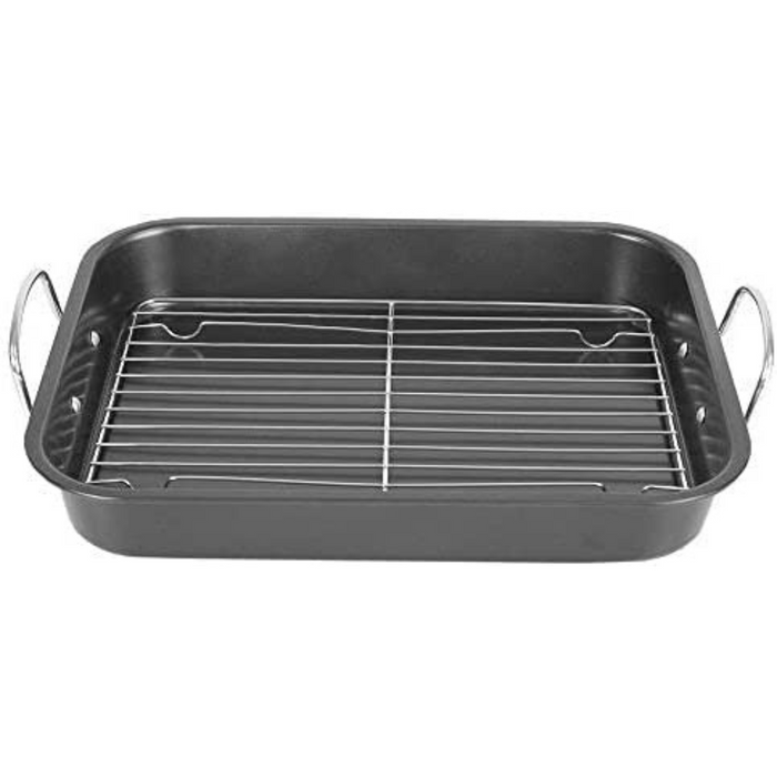 Deluxe Non Stick Roaster/Roasting Pan with Handles and Grill Rack, Excellent for Turkeys, Hams and Chickens 15.5" x 11.5", Black