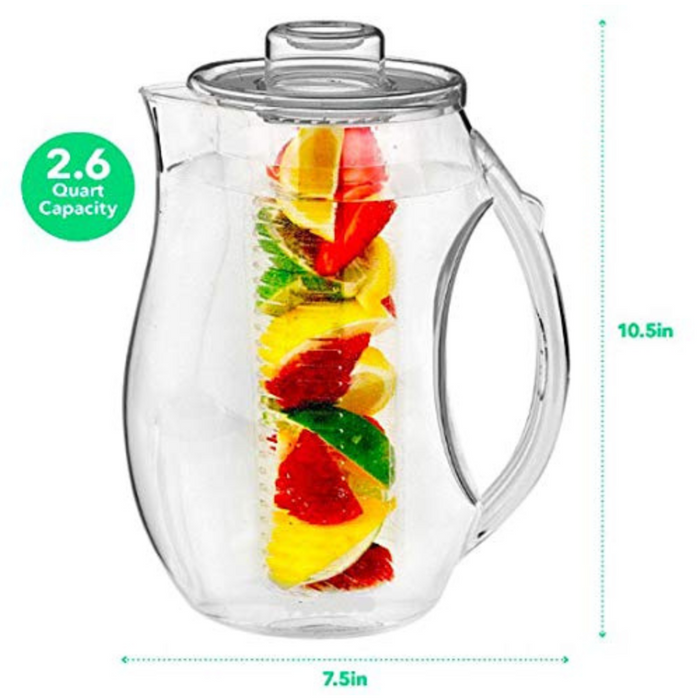 Water Pitcher with Fruit Infusion Flavor Infuser for Cold Beverage 93 Oz  Acrylic
