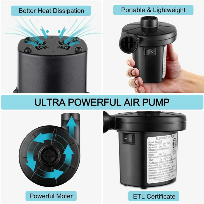 Electric Air Pump, Portable Quick-Fill Air Pump with 3 Nozzles, 120V AC/12V DC, Inflator/Deflator Pumps for Camping, Inflatable Cushions, Air Mattress Beds, Boats, Swimming Ring