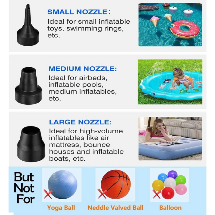 Electric Air Pump, Portable Quick-Fill Air Pump with 3 Nozzles, 120V AC/12V DC, Inflator/Deflator Pumps for Camping, Inflatable Cushions, Air Mattress Beds, Boats, Swimming Ring