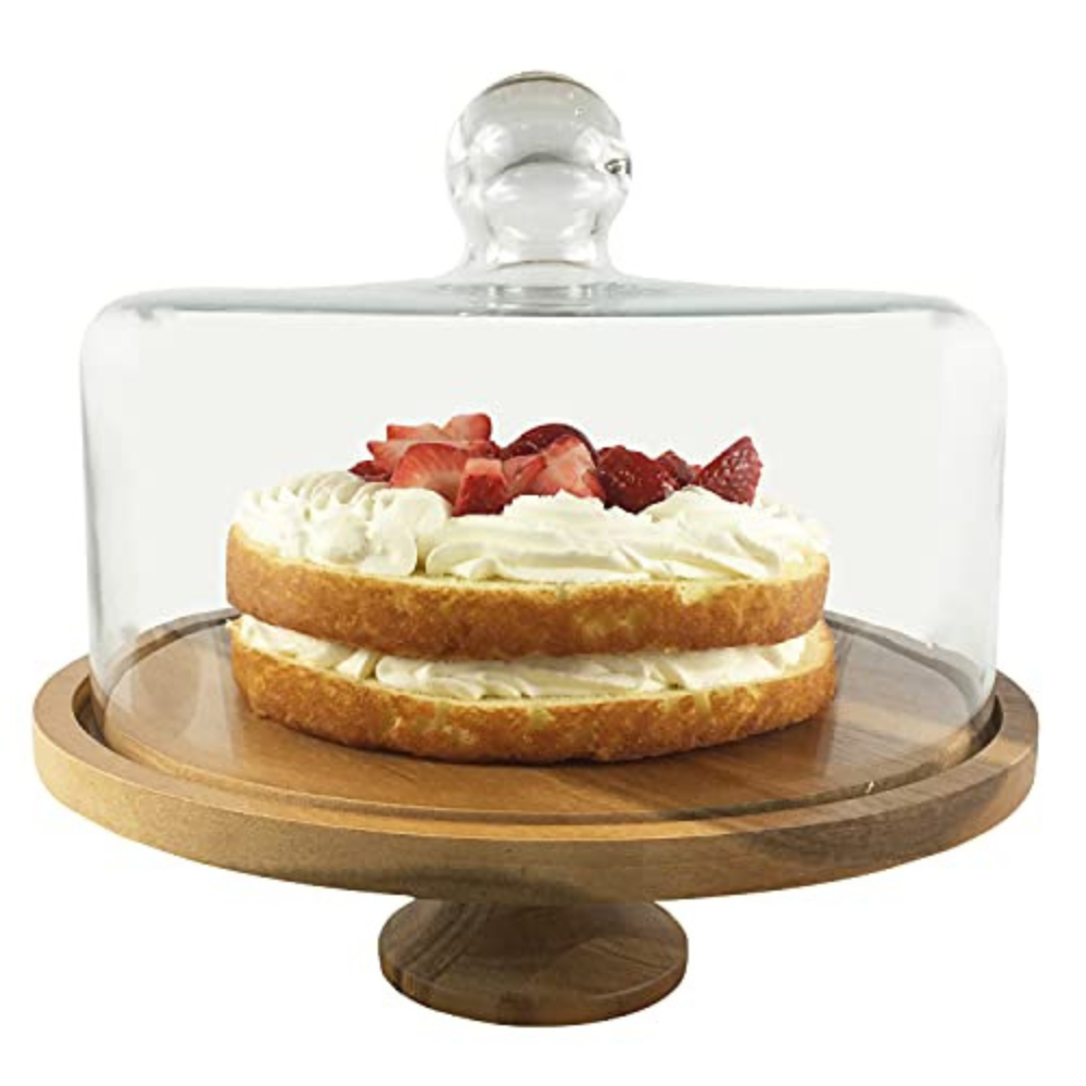 Flat Round Wood Server Cake Stand with Glass Dome, Size: 11x11, Clear