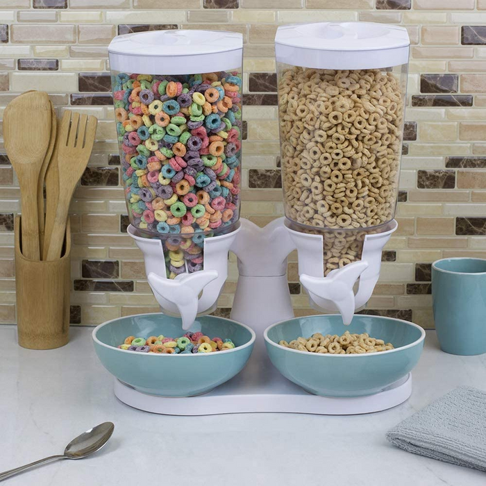 Large Capacity Table Top Double/Dual Cereal & Dry Food Dispenser, White