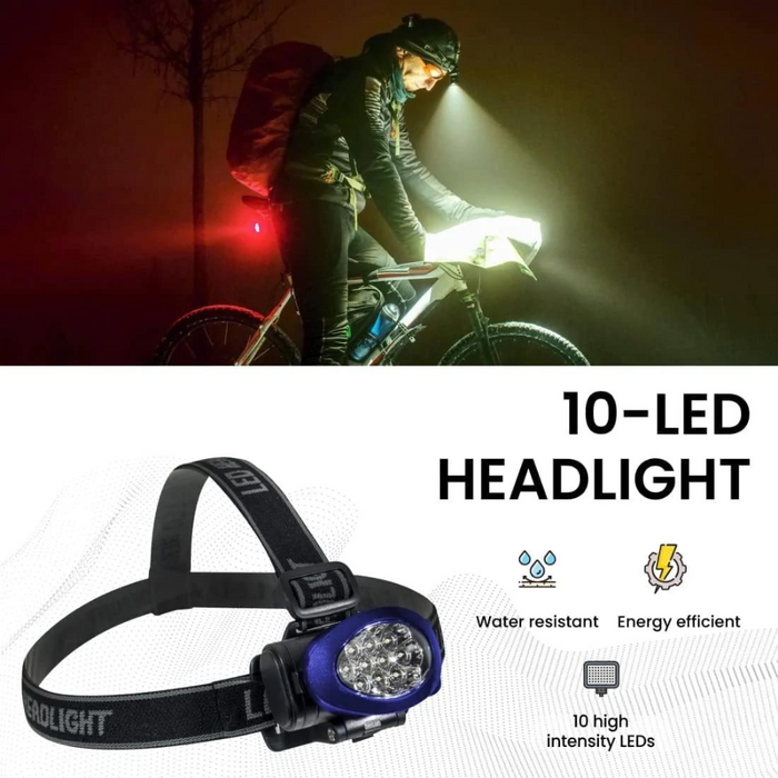 10 LED Headlamp Water Resistant 3 Mode 50 Lumen Super Bright Light - Batteries Included