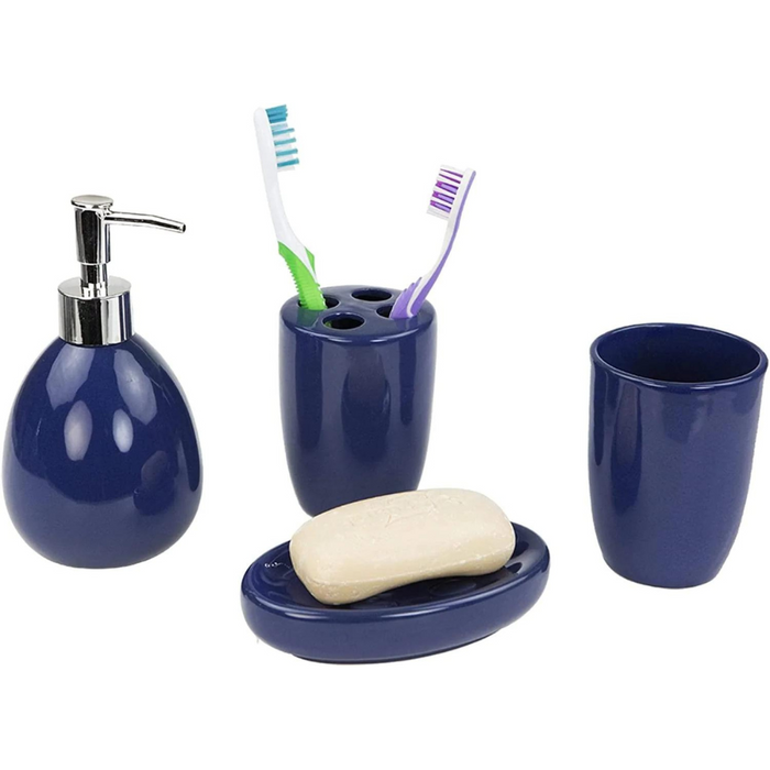 4 Piece Ceramic Bathroom Accessory Set with Soap Pump, Soap Dish, Toothbrush Holder & Tumbler