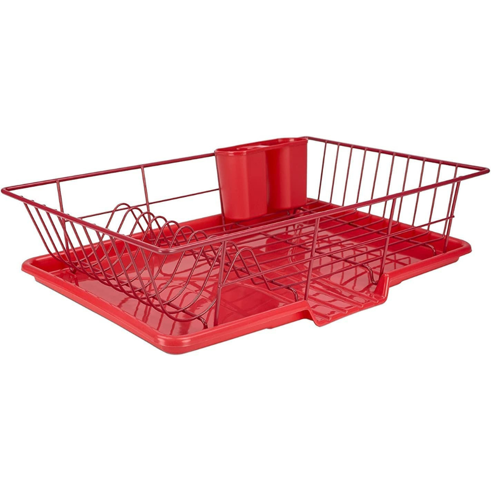 JOEY'Z Dish Drainer Sink Drying Rack for Kitchen Counter Set, Medium Red