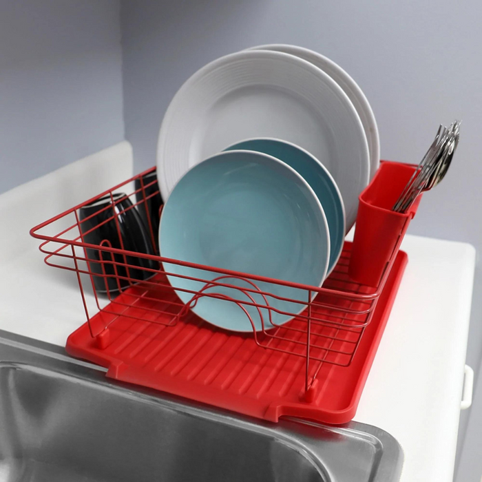 Large Contempo 3 Piece Dish Rack Sink Set with Removable Drainboard, Cup Holders & Utensil Holder - Heavy Duty Coated Wire - 17.5" x 13.5" x 5.5"