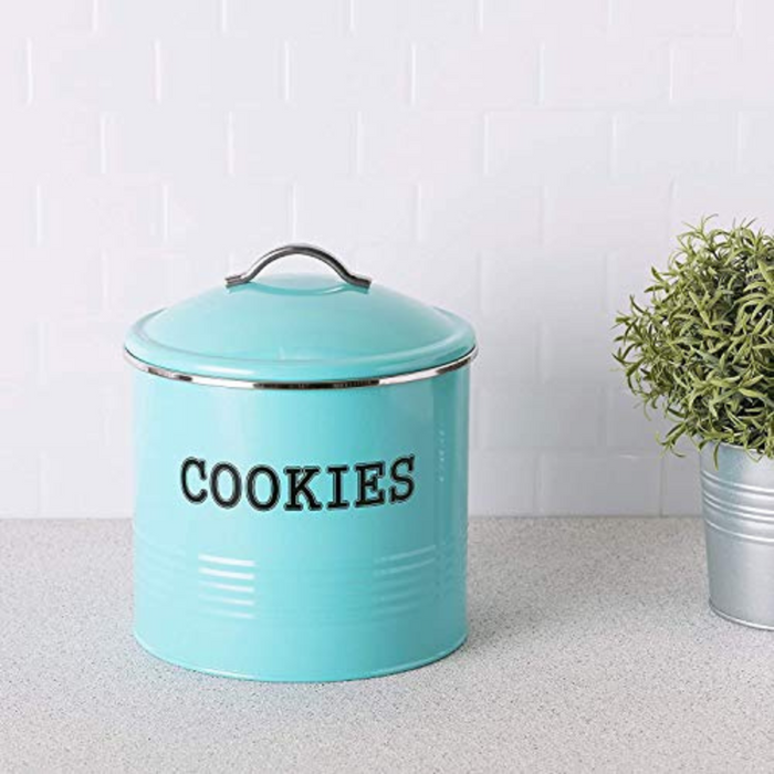 Tin Farmhouse Vintage Turquoise Cookie Jar with Airtight Lid for Cookies, Biscuits, Baked Treats, Snacks