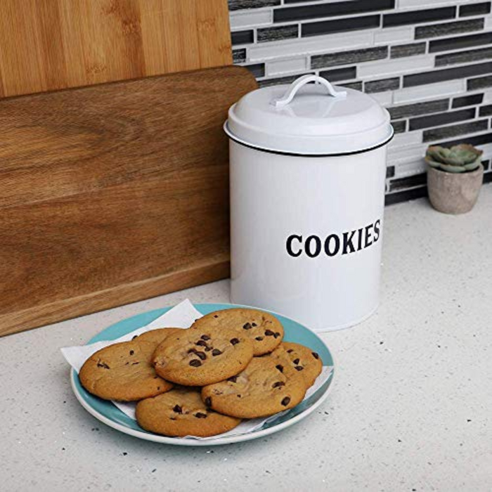 Tin Farmhouse Vintage Turquoise Cookie Jar with Airtight Lid for Cookies, Biscuits, Baked Treats, Snacks - 3/4 Gallon (3 Liter), White Farmhouse
